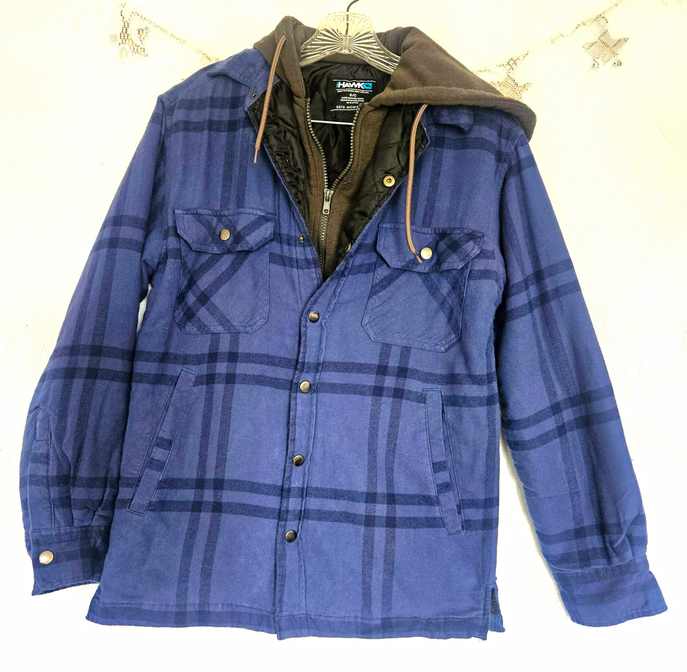 Tony Hawk Men's Small Blue Flannel Plaid Hooded Jacket Lined Insulated Grunge
